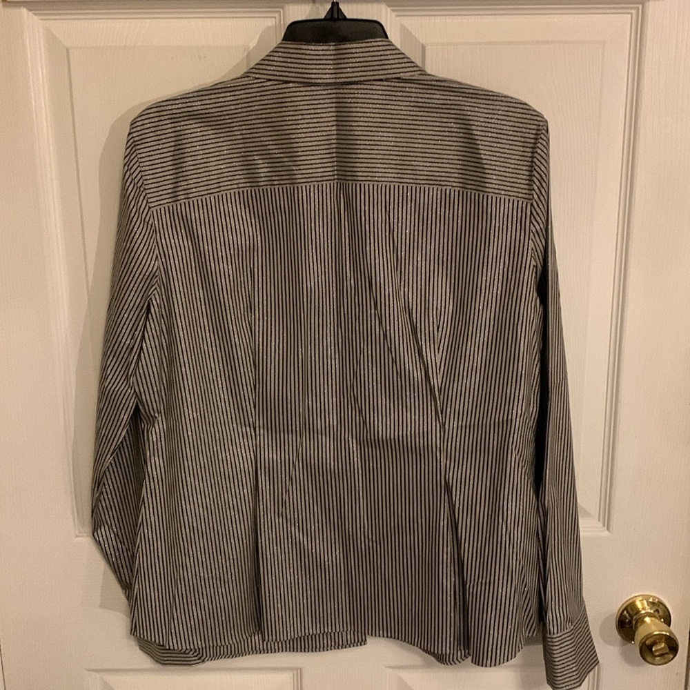 LAFAYETTE 148 NY Stripe Shimmer Button Down Long Sleeve Blouse Black Beige SZ 10 - Picture 2 of 16